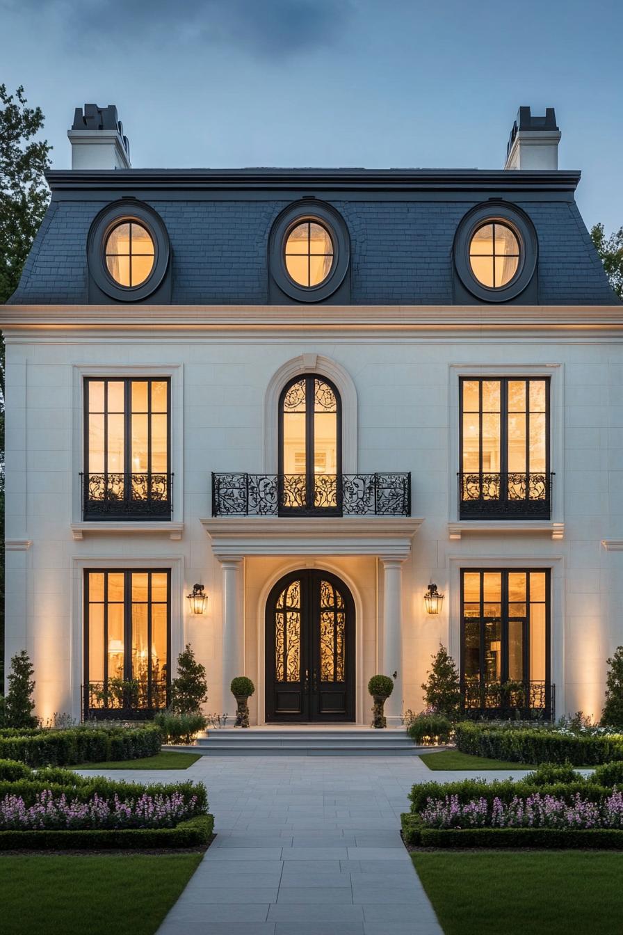 Elegant mansion with large windows and manicured garden