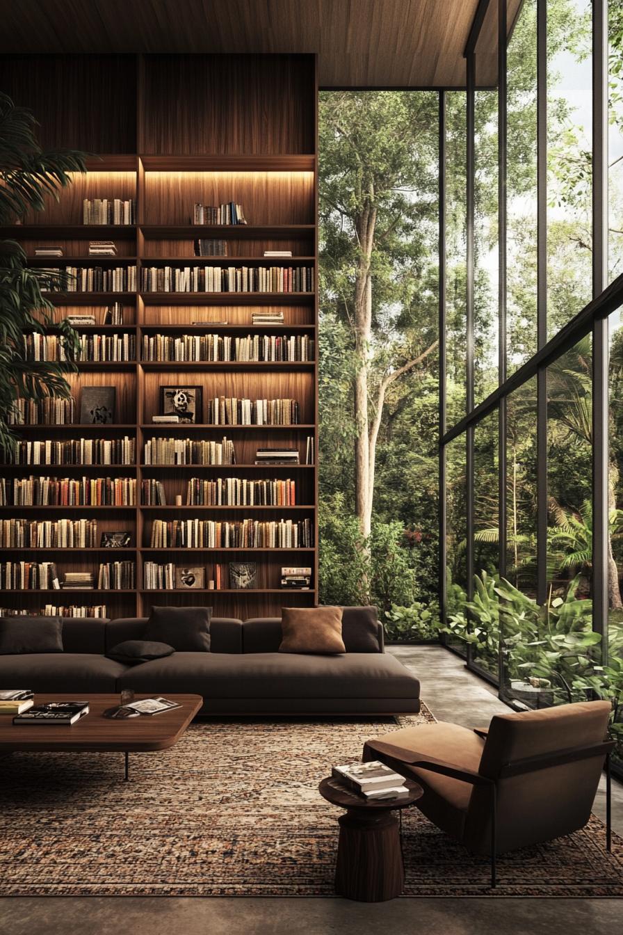 Mid-century living room with books and garden views