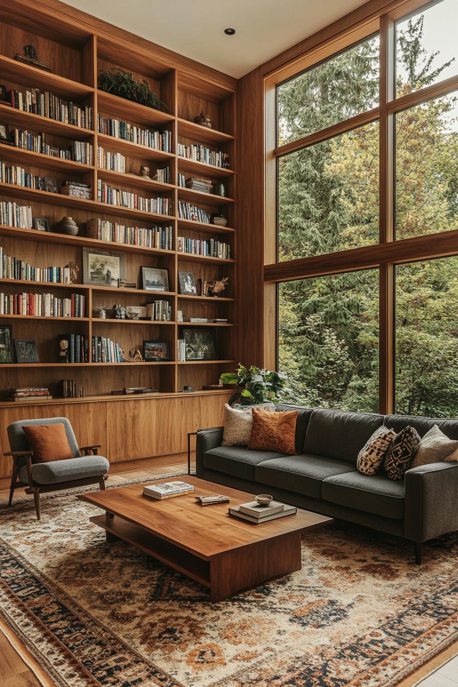 Cozy mid-century living room with a large bookshelf and forest view