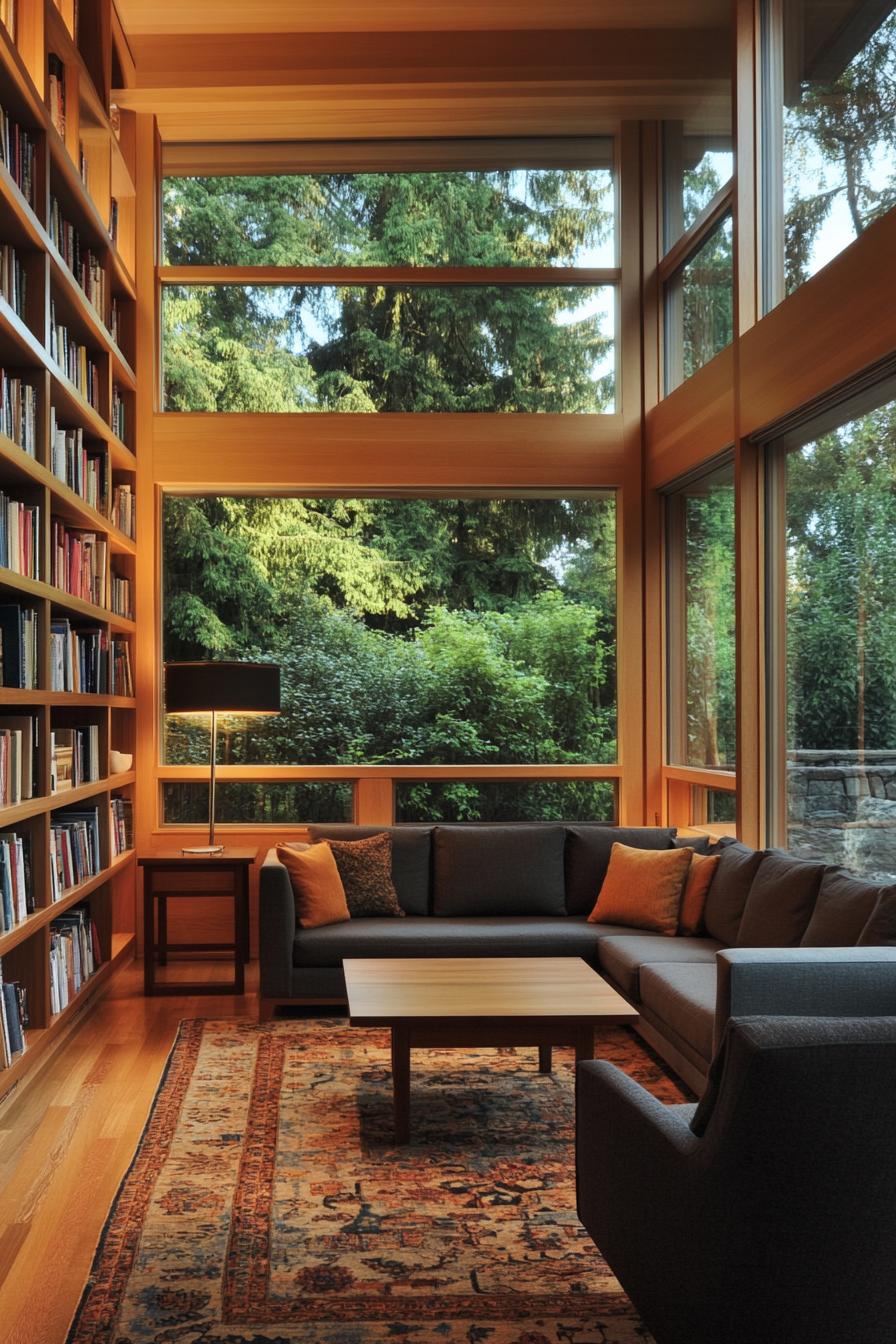 Cozy living room with large windows and bookshelves