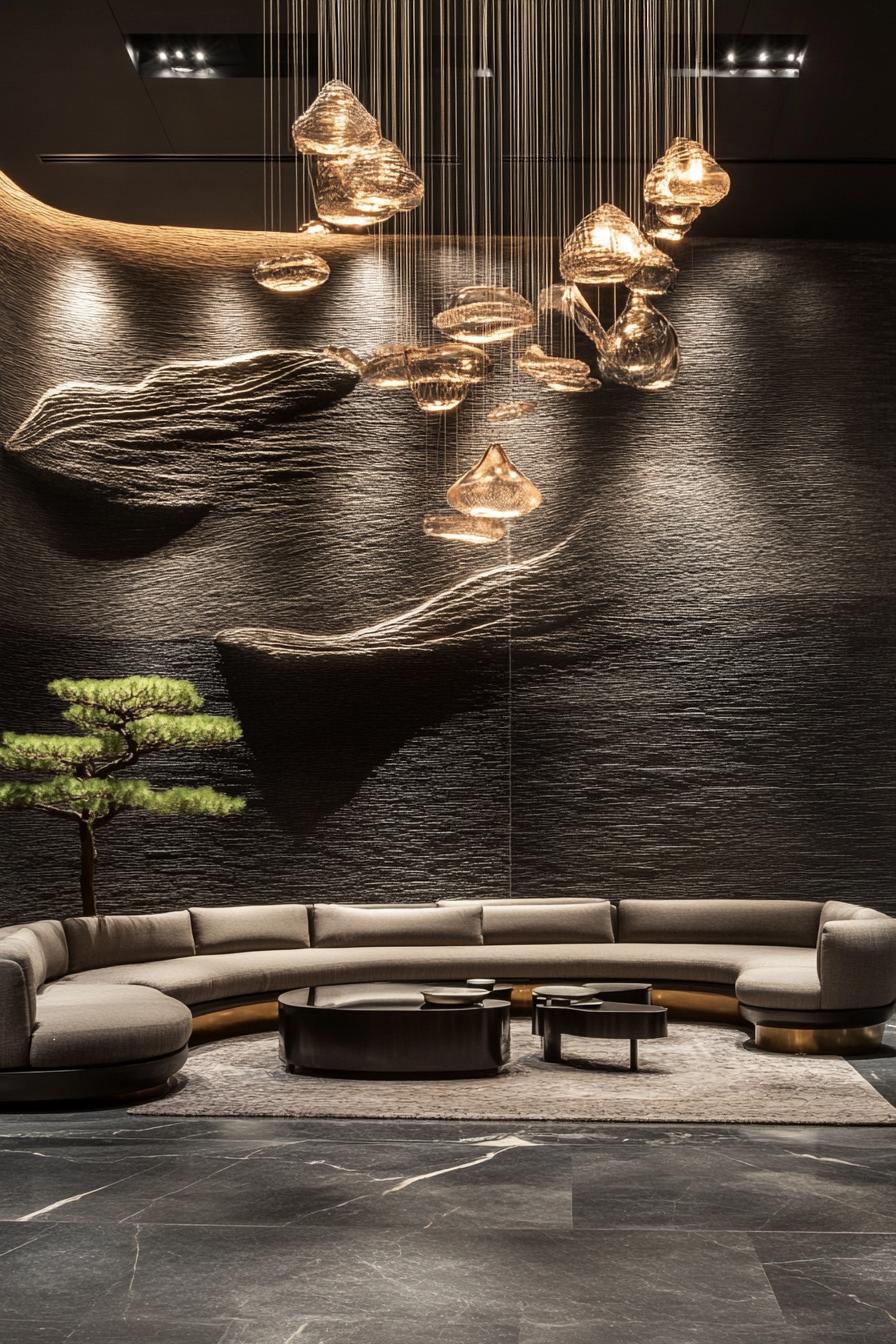 Modern lobby with curved seating and artistic lighting