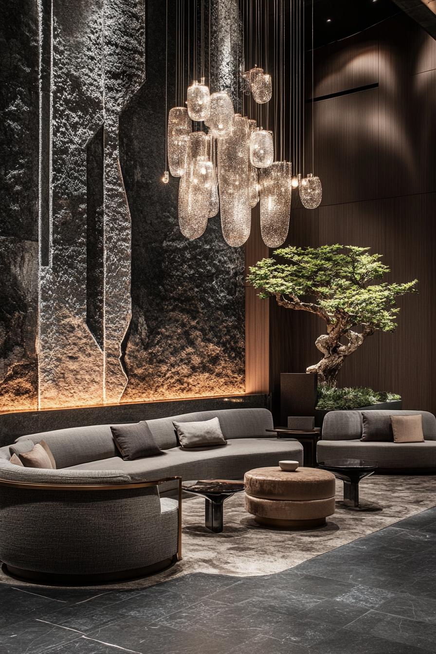 Modern lobby with textured walls and plush seating