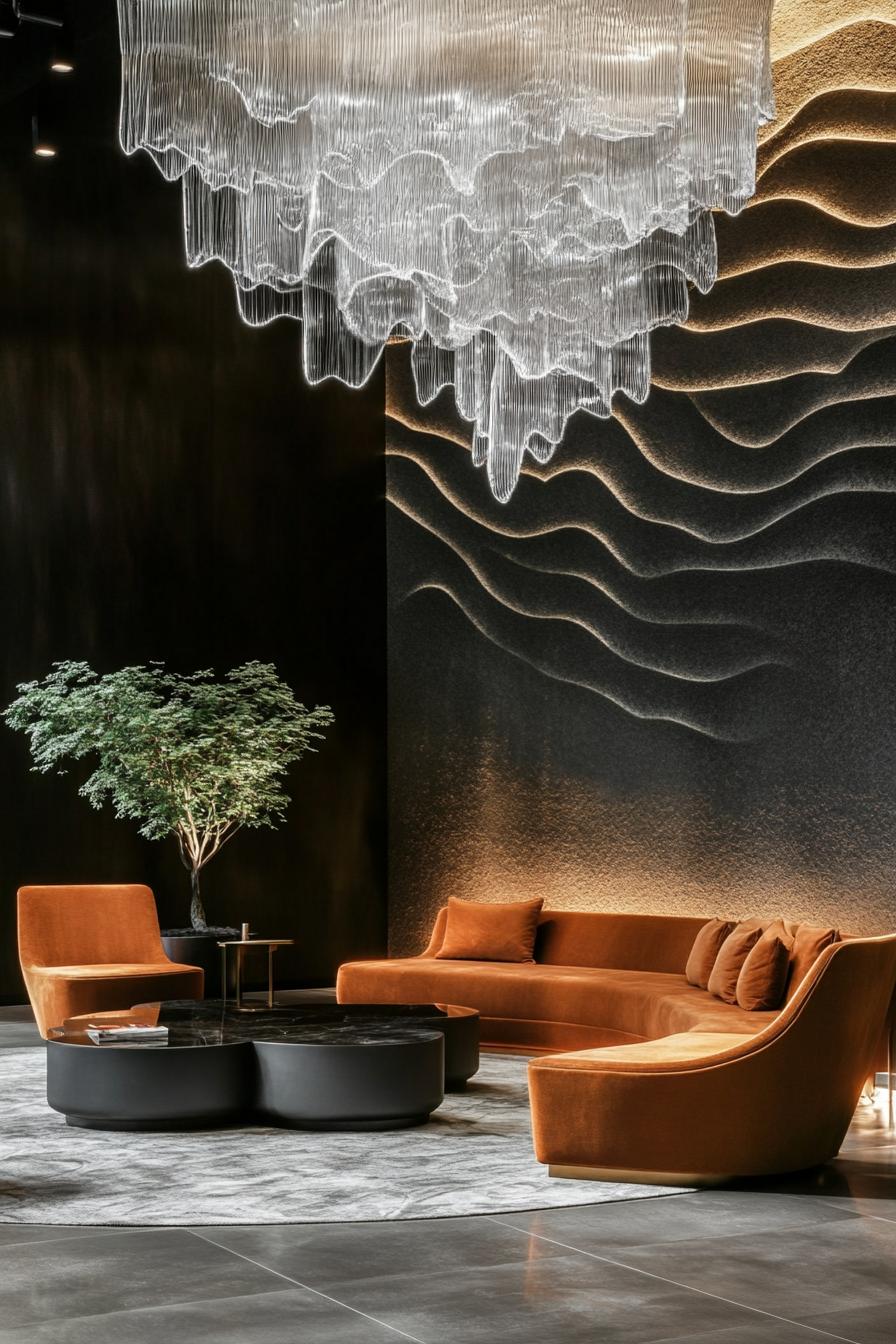 Luxurious lobby with wavy walls and velvet seating