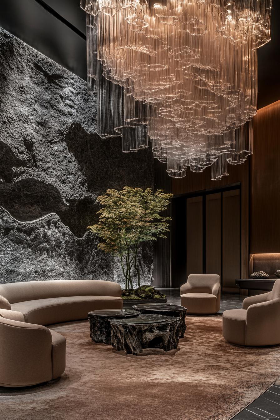 Luxurious lobby with textured wall and chandeliers