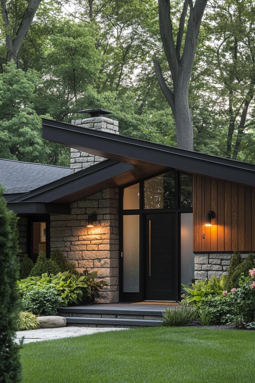 A modern home nestled in lush greenery with stone and wood accents