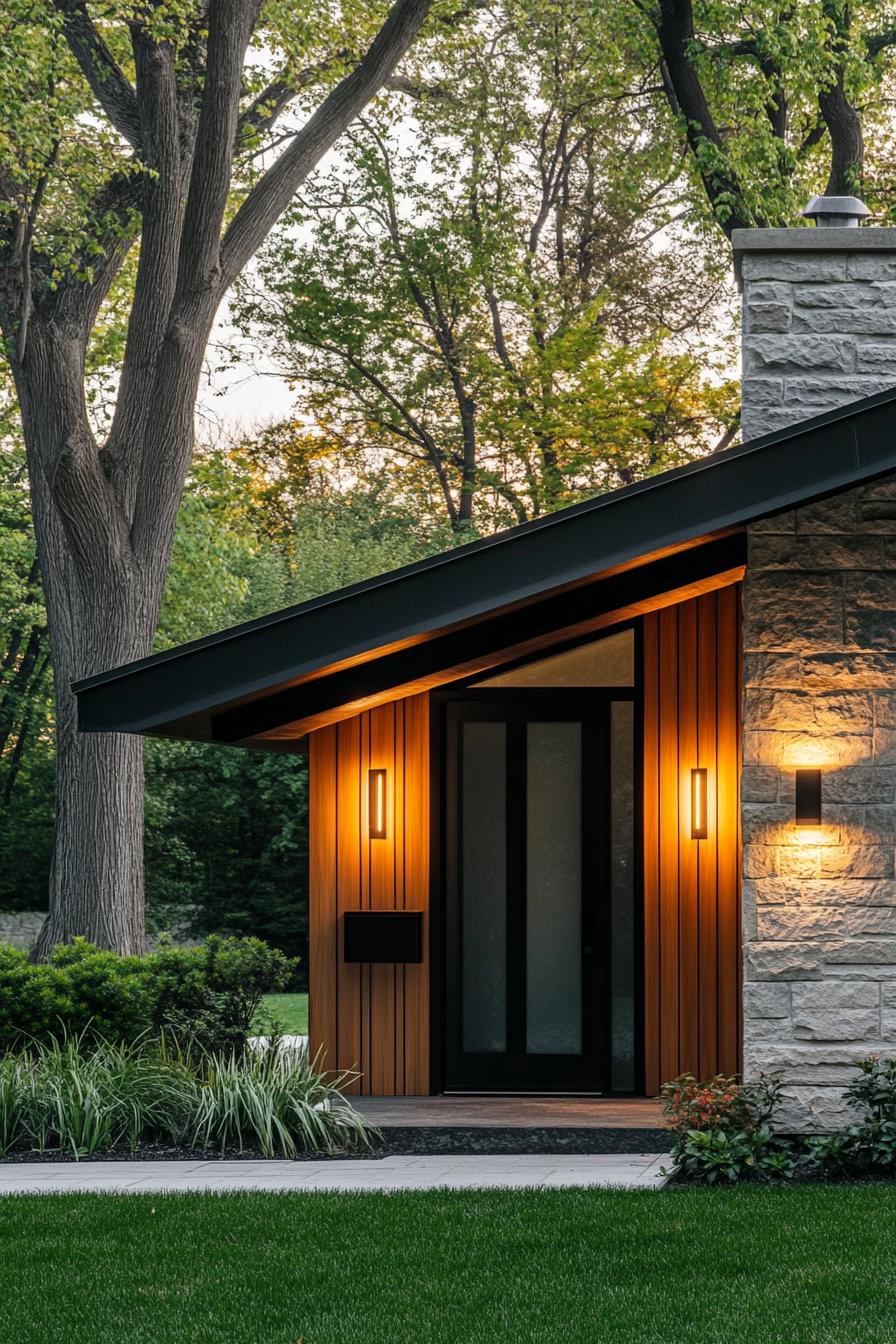 Modern house entrance with wood and stone accents