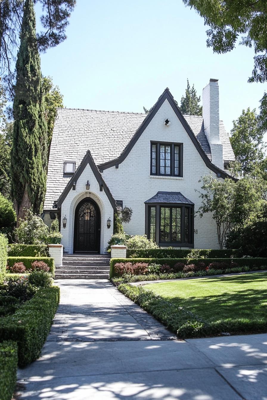 Classic Tudor house with modern touches and lush greenery