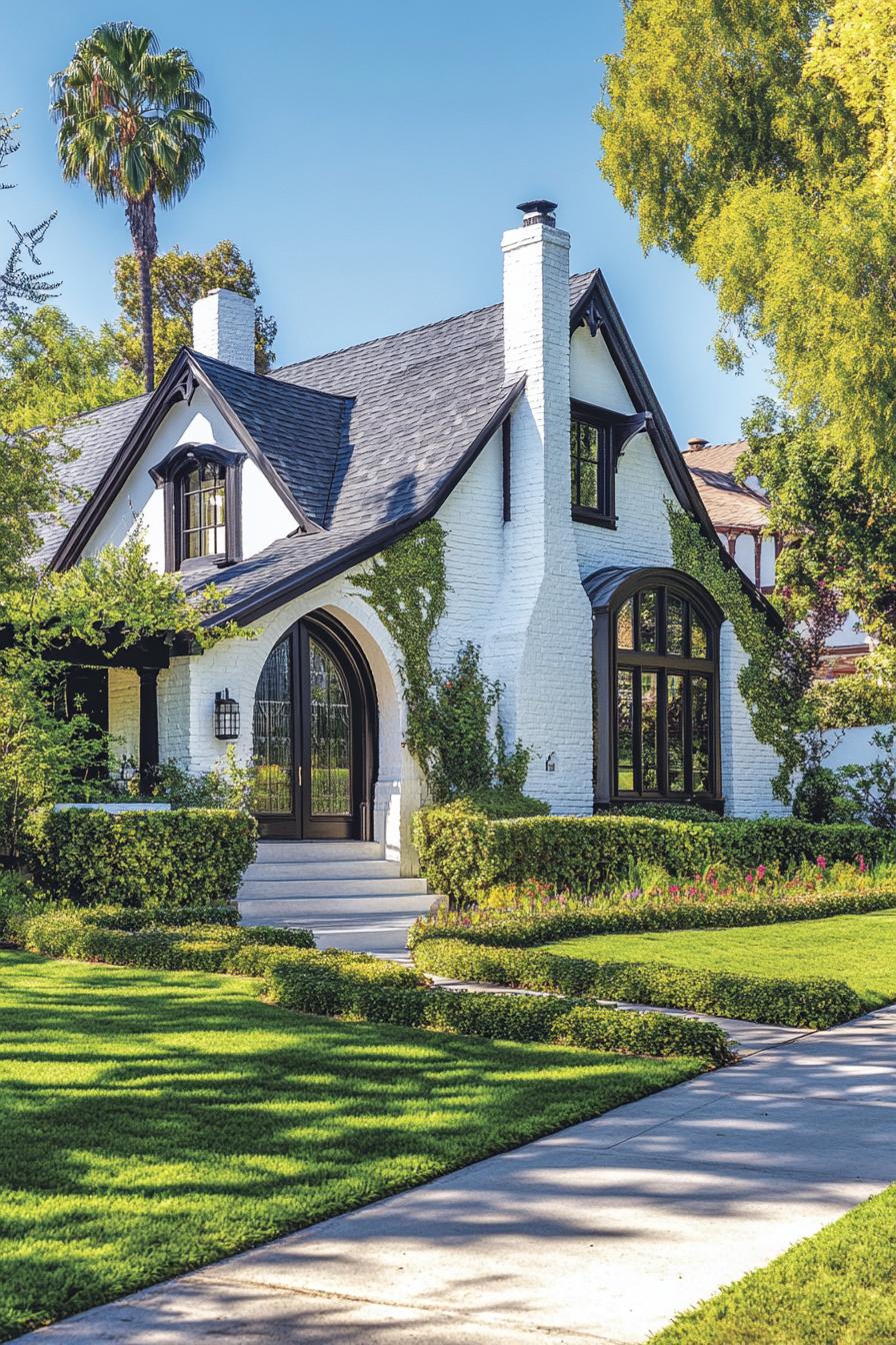 Modern Tudor home with white brick exterior, black trim, and lush greenery