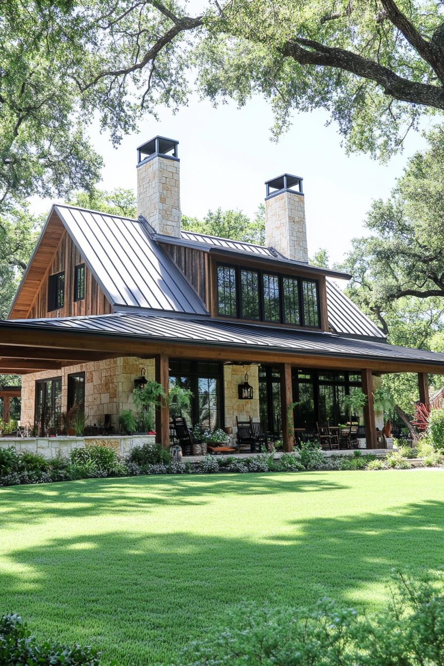 Rustic house with twin chimneys surrounded by lush greenery