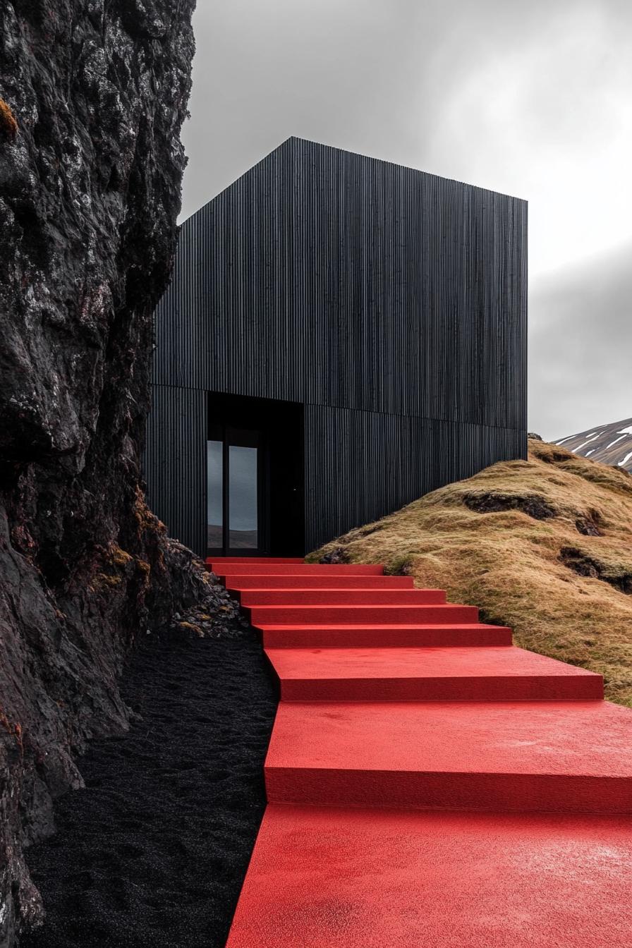 Black house with a vibrant red staircase on a rocky hillside