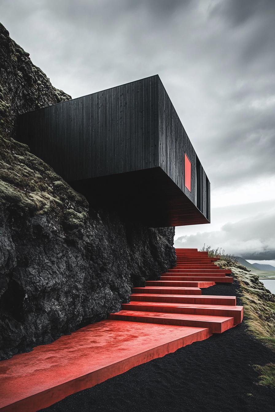 Modern black house perched on a rocky slope with striking red features