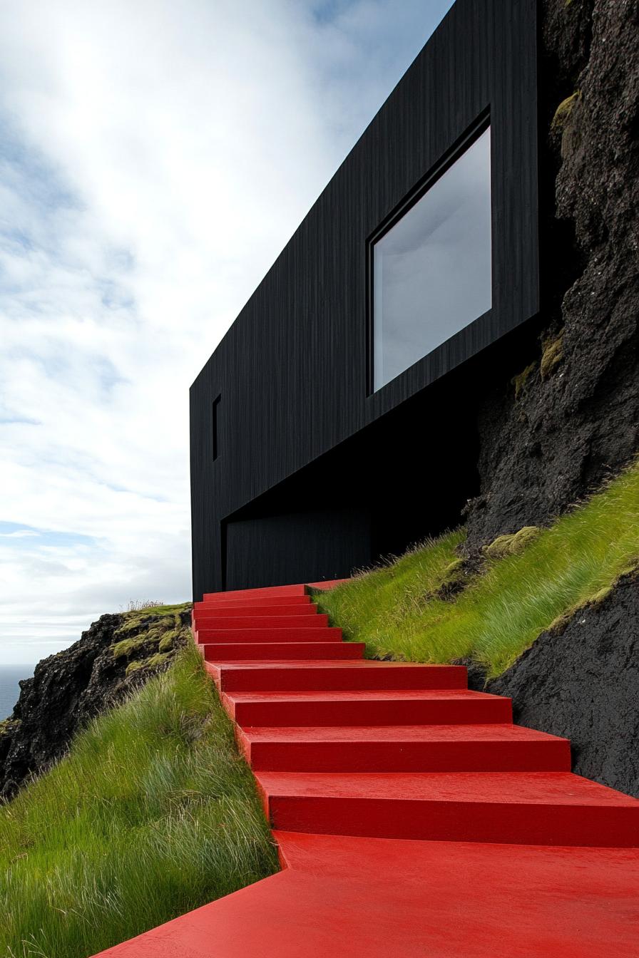 Black house on a hill with a bright red walkway