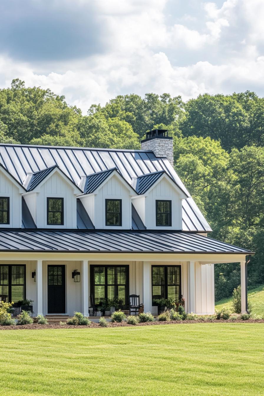 Charming white house with a metal roof surrounded by lush greenery