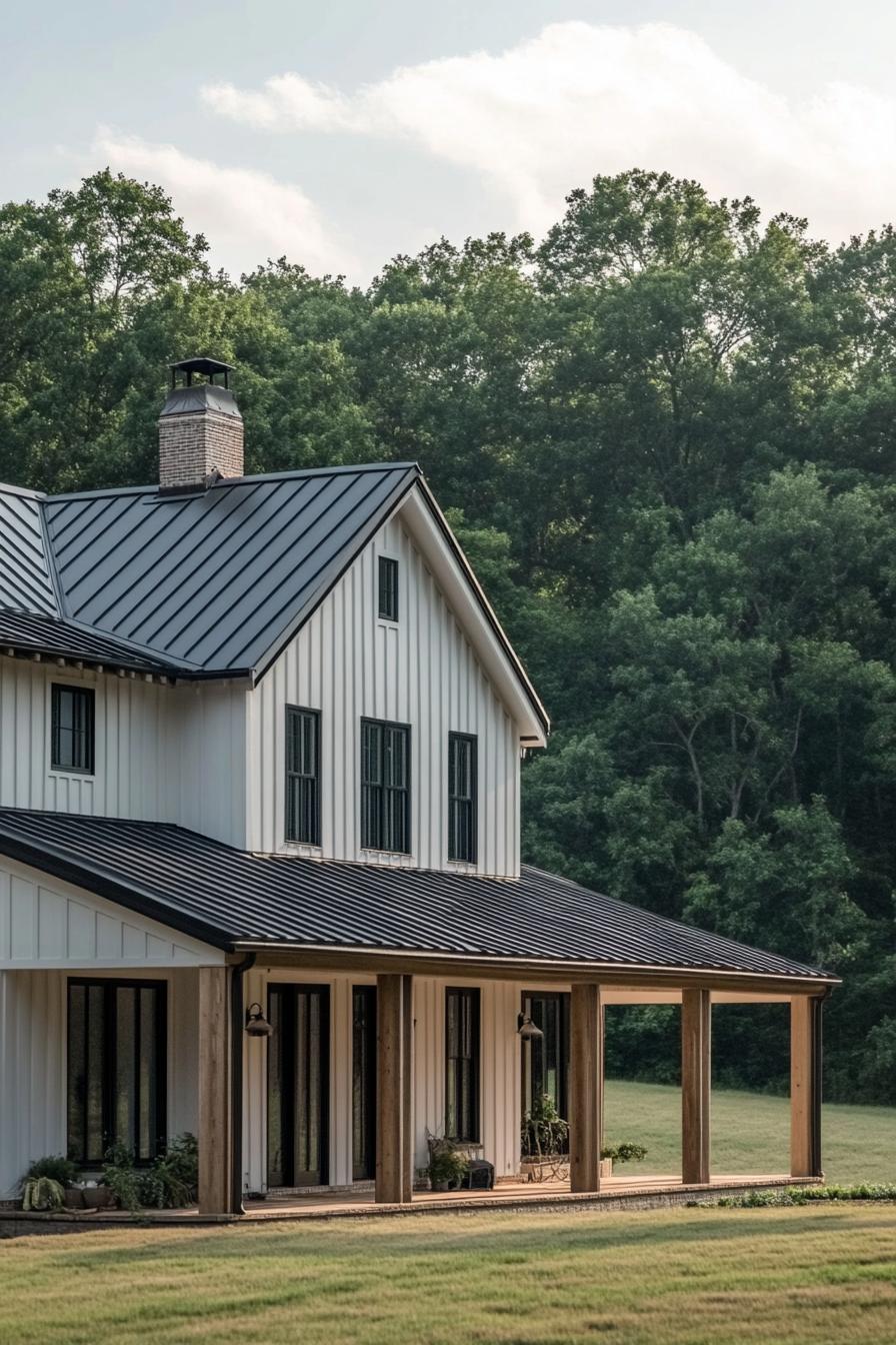 Charming white house with a black metal roof and wooden porch