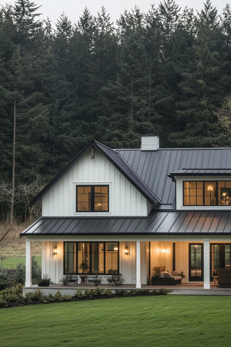 Modern farmhouse with a metal roof surrounded by trees