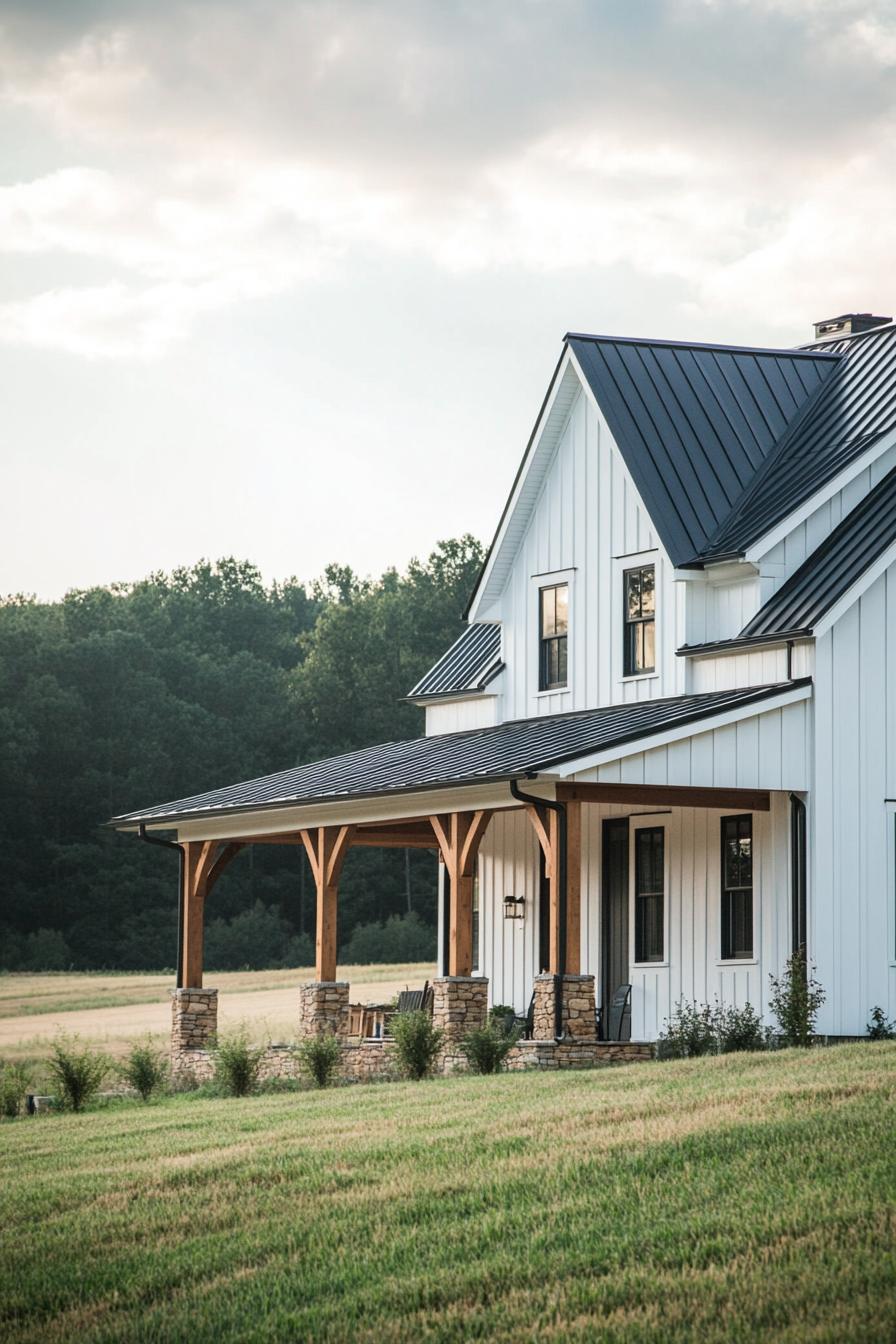 Wooden farmhouse with a porch and a field nearby