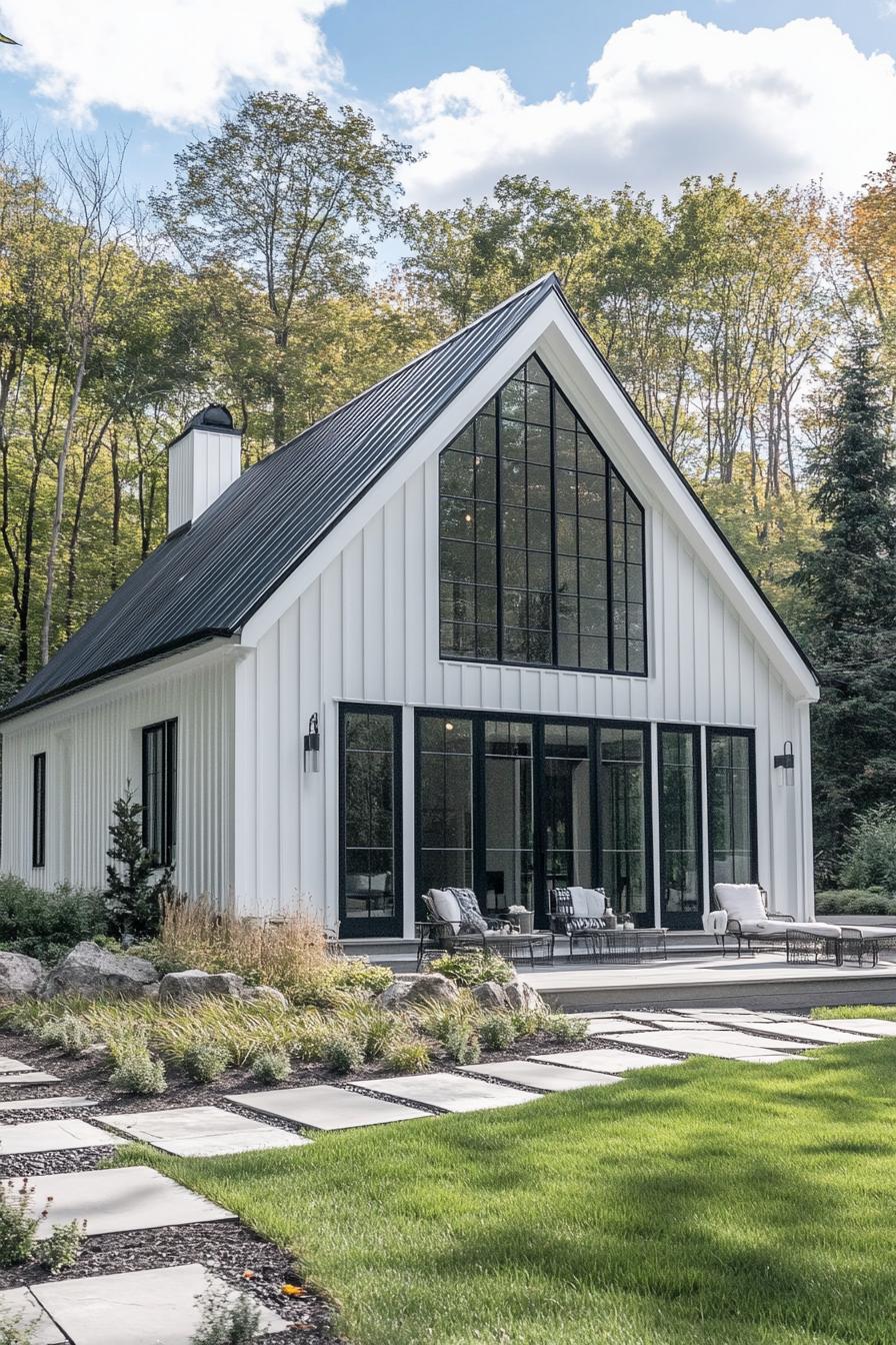 White farmhouse with large windows and patio furniture