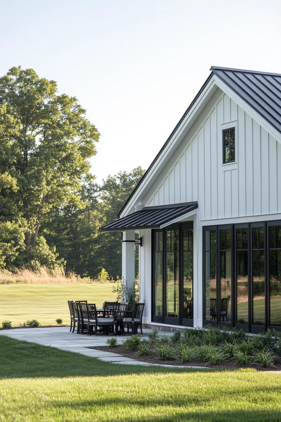 Contemporary farmhouse exterior with a patio and lush lawn