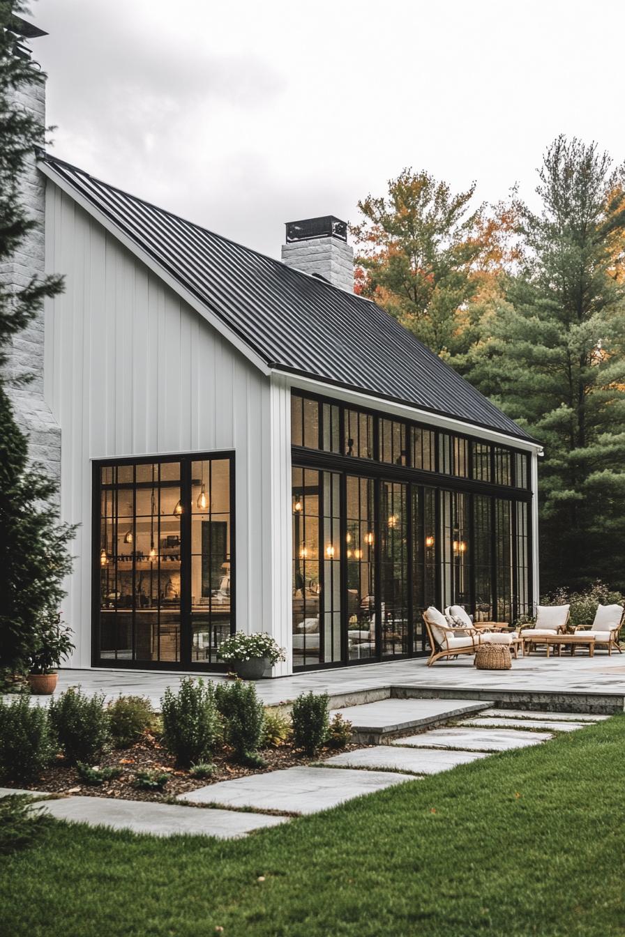 Modern farmhouse with large windows and outdoor patio