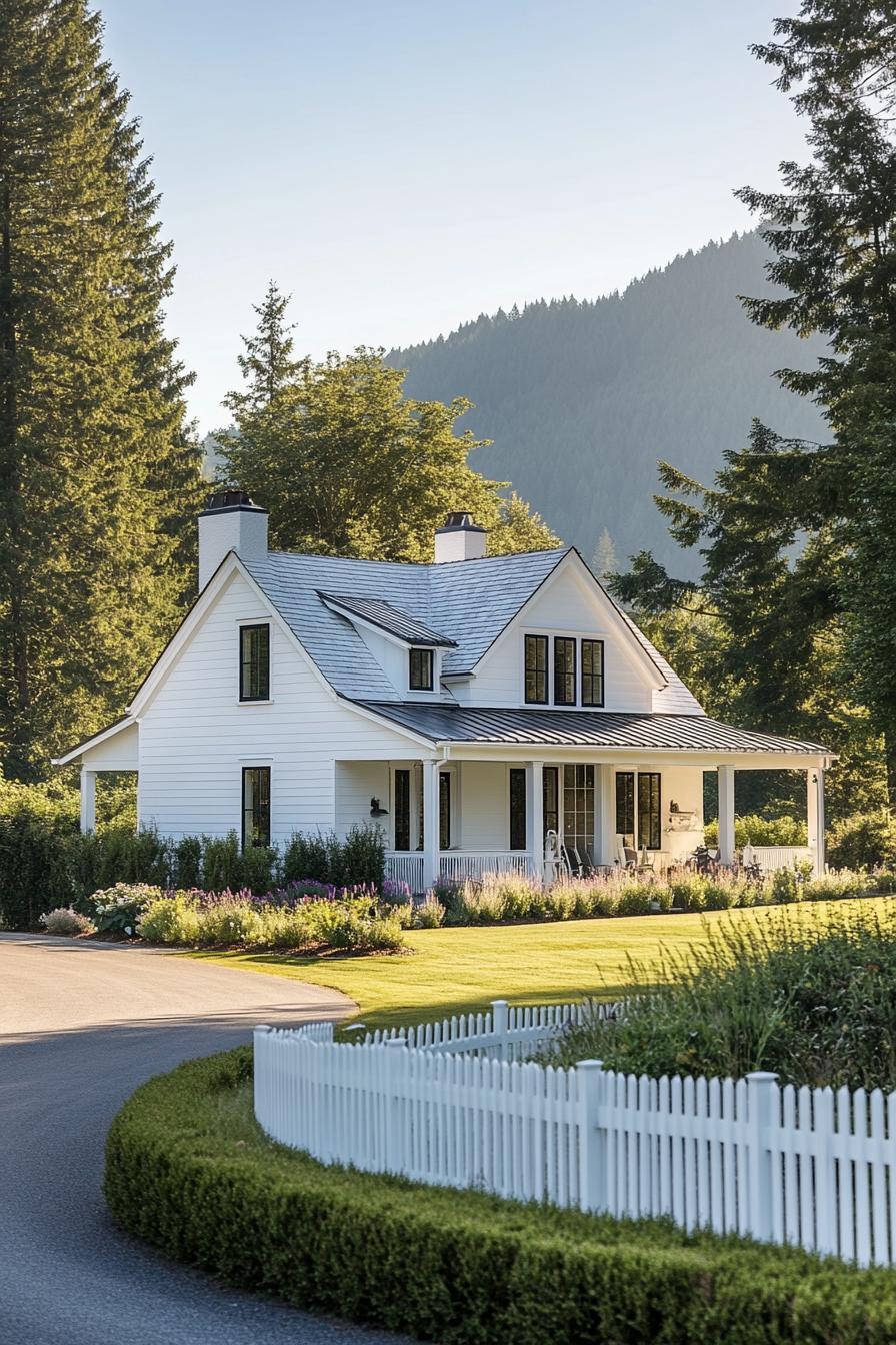 White farmhouse with lush garden and mountain backdrop