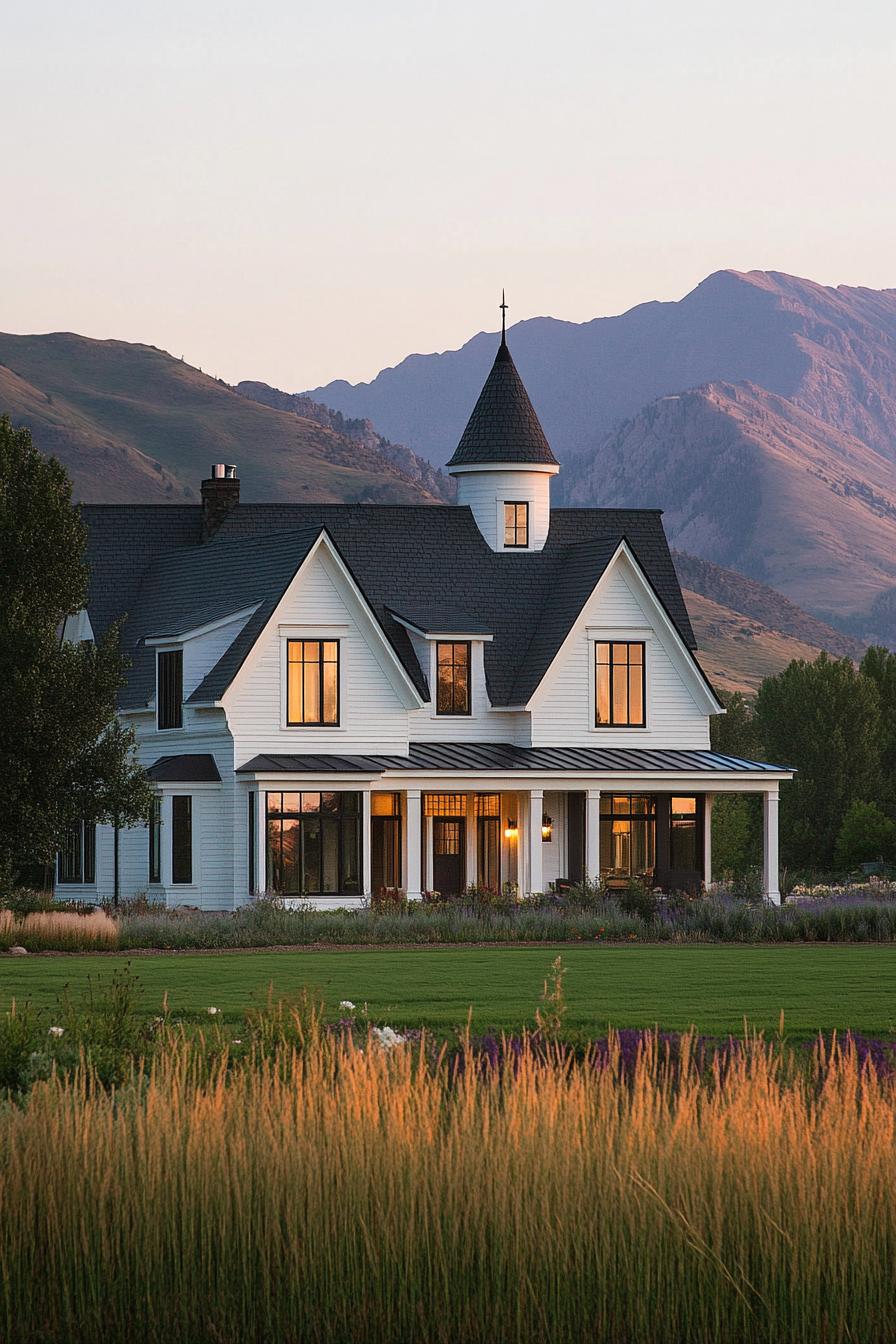 White Gothic house with a turret, nestled by mountains