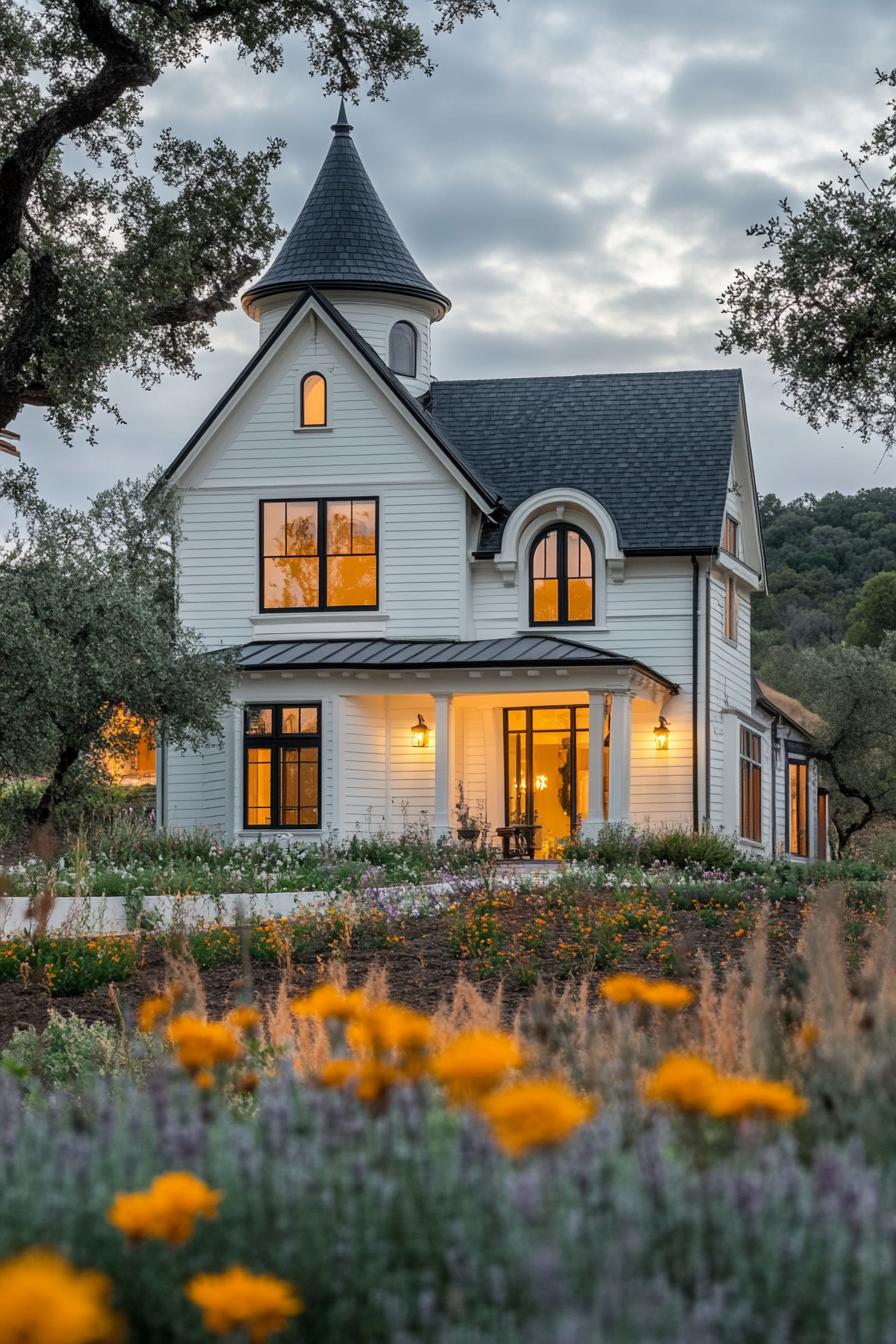 A picturesque Gothic-style house with a turret