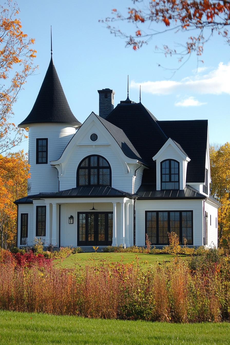 Charming gothic-style home with a turret set amidst a vibrant autumn backdrop