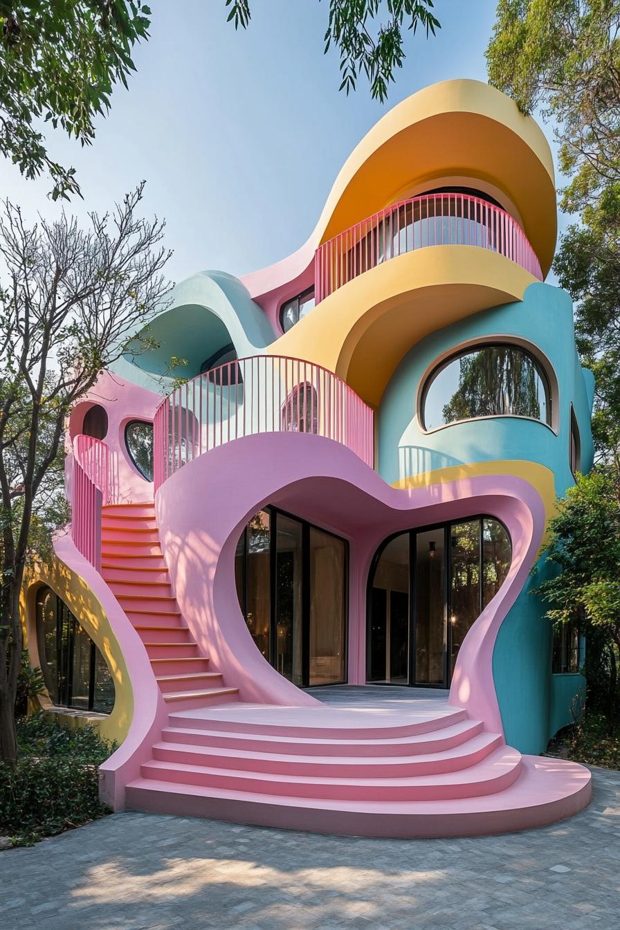 Whimsical undulating house with bright pastel colors