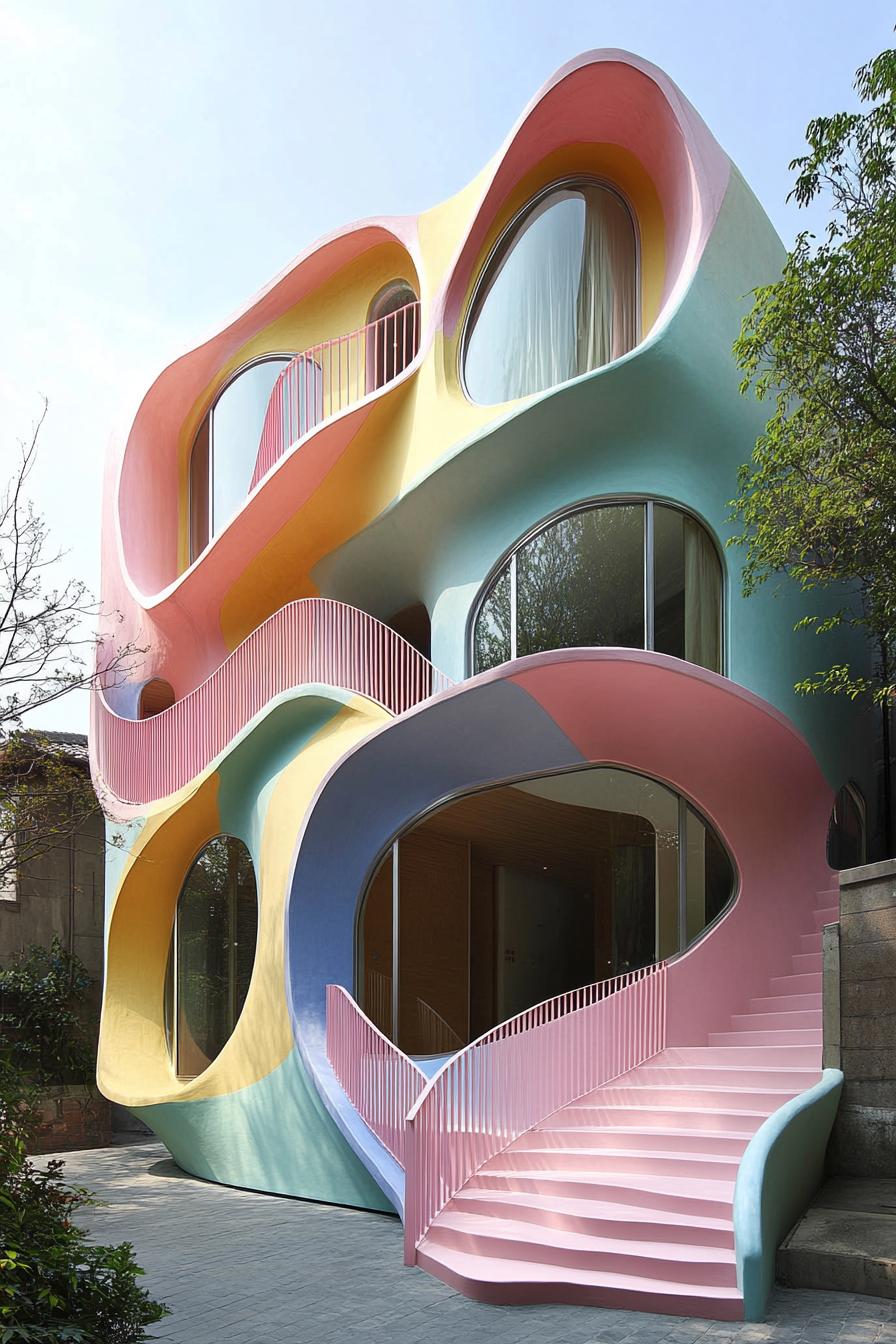 Colorful, wavy building with flowing shapes