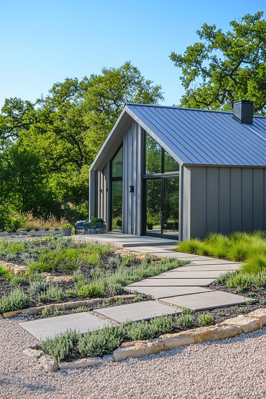 Modern metal home with lush greenery