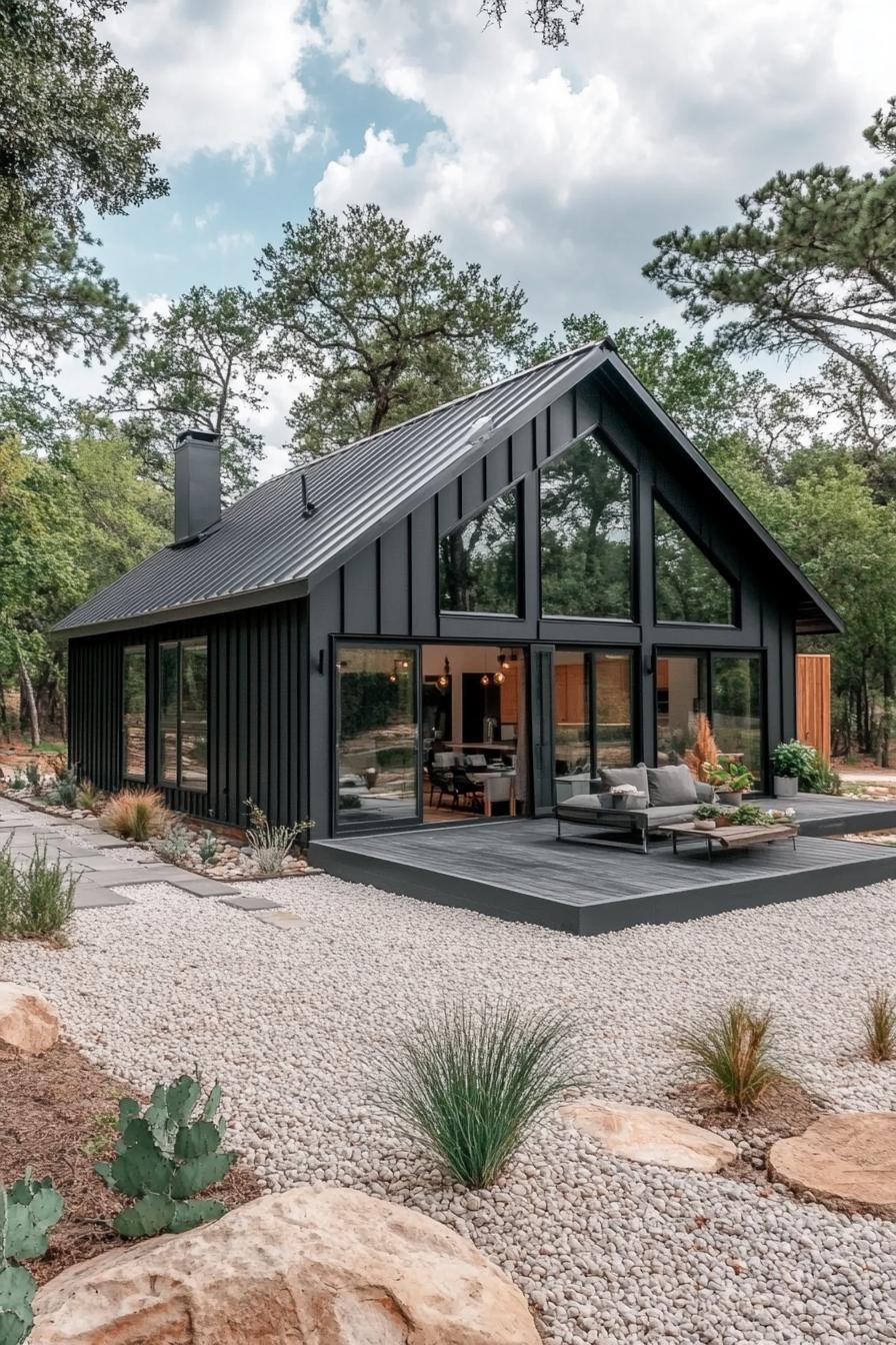 Modern metal home with large windows and a deck