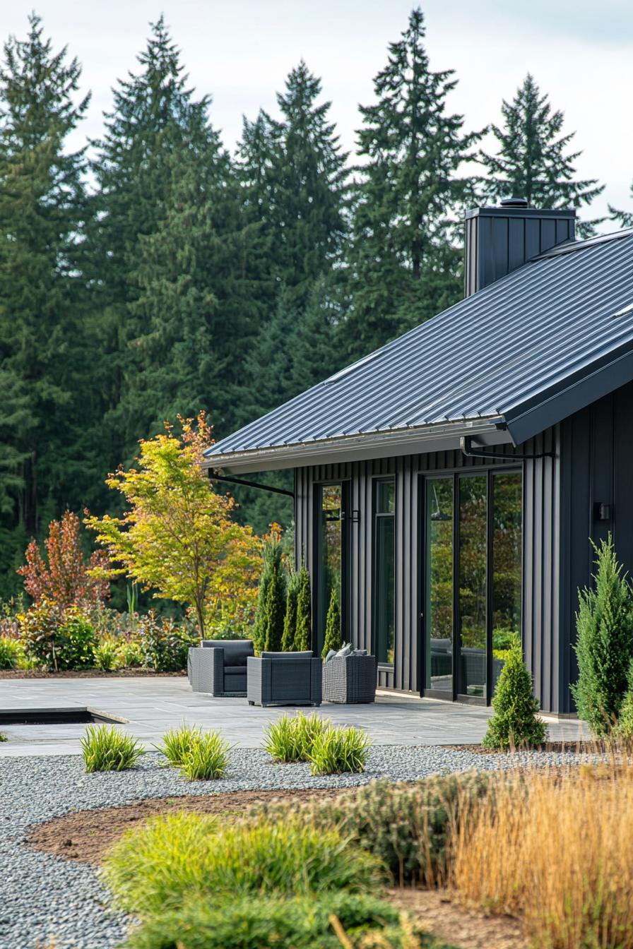 Modern metal building home surrounded by lush greenery