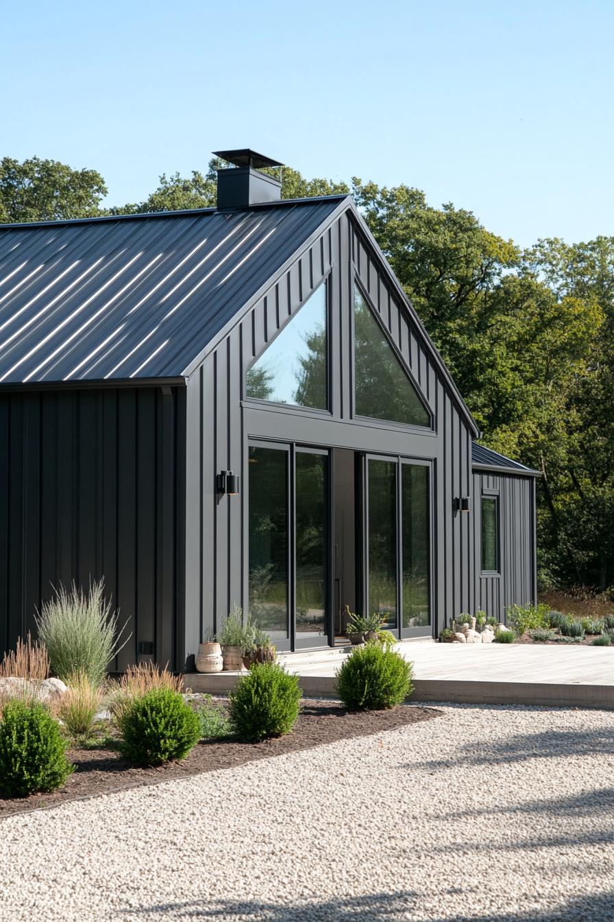 Modern metal home with large windows and lush surroundings