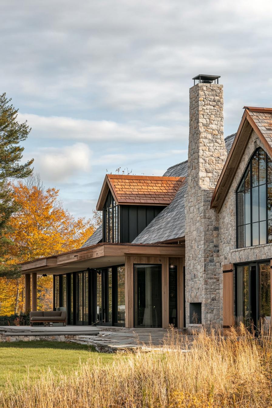 Elegant stone house with chimney, surrounded by autumn colors