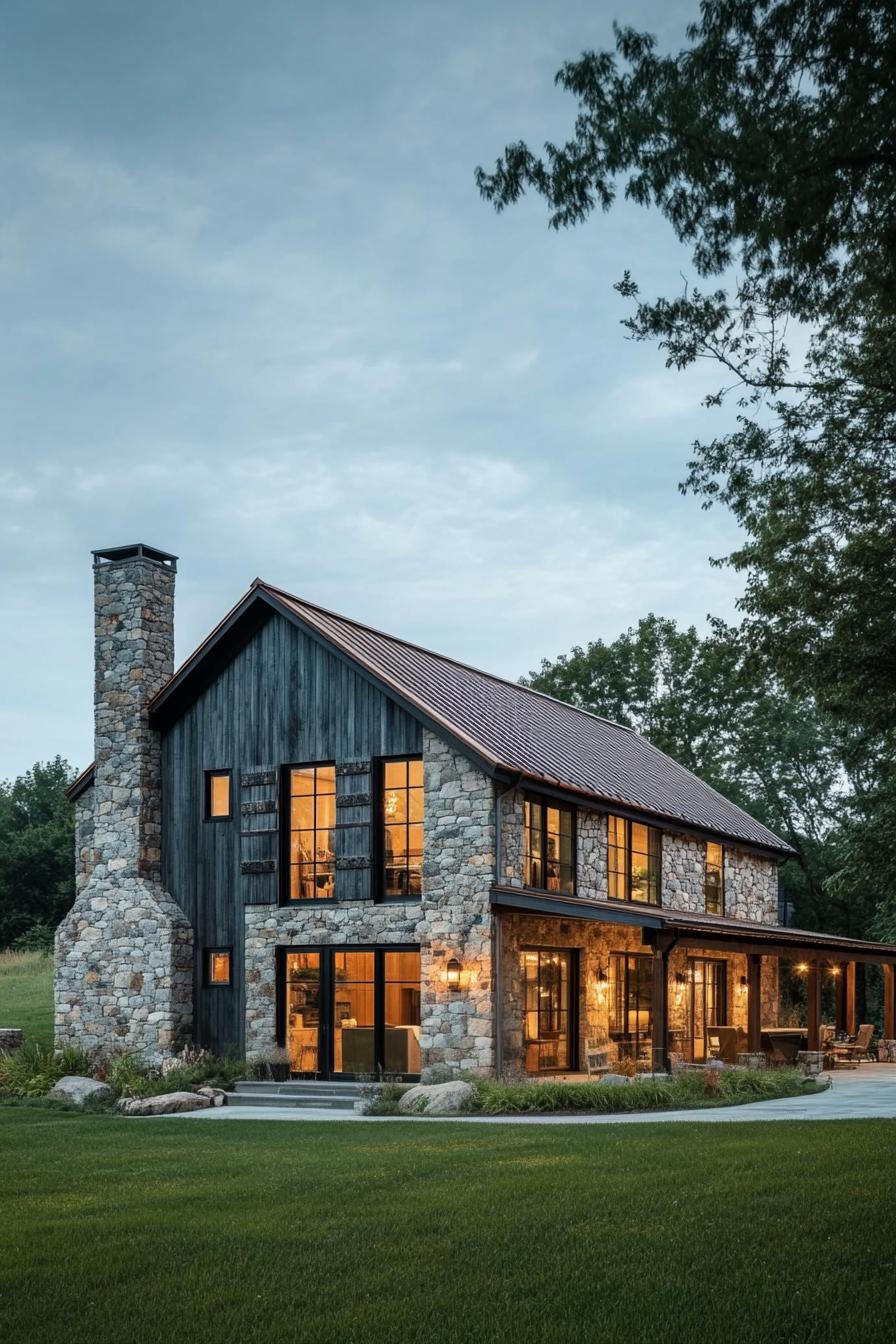 Modern stone barn with warm lighting under a cloudy sky