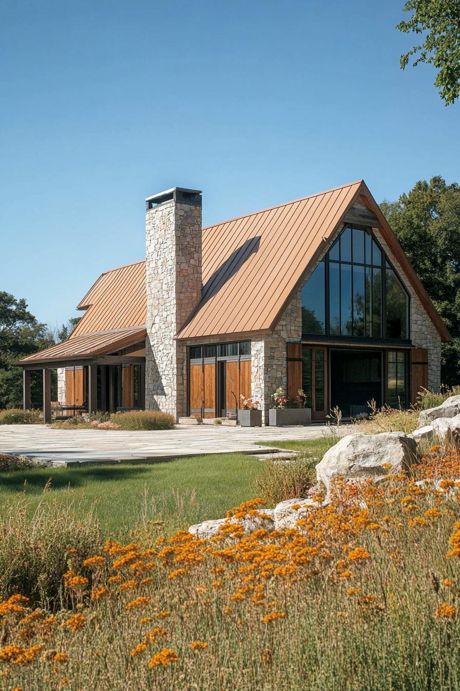 Modern stone barn with large windows and vibrant flowers