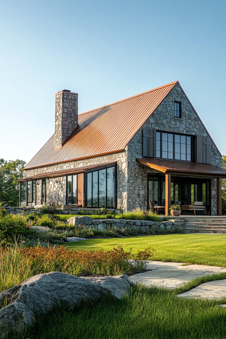 Modern stone barn with sleek glass windows and a copper roof