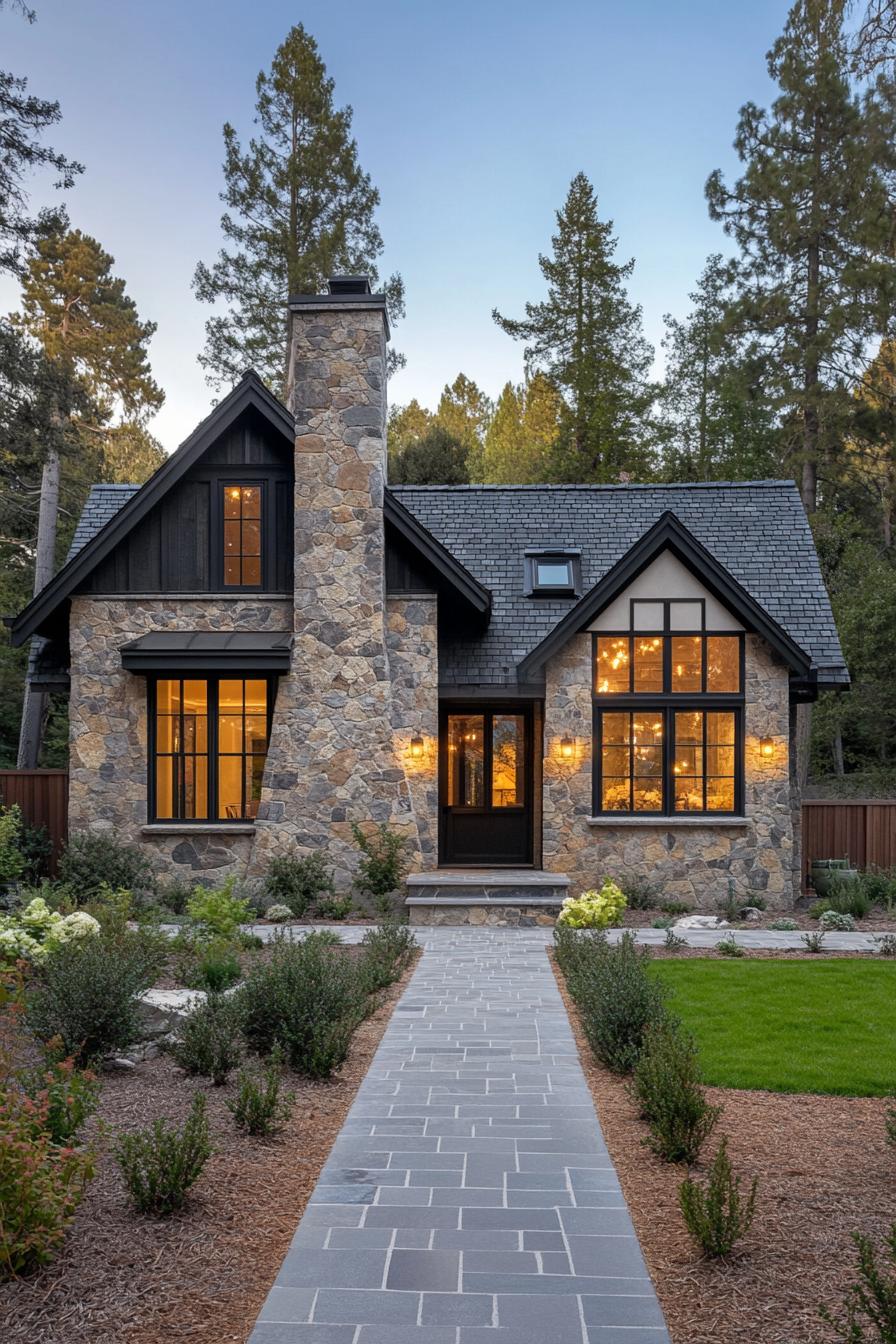 Quaint stone house with glowing windows and a dark roof