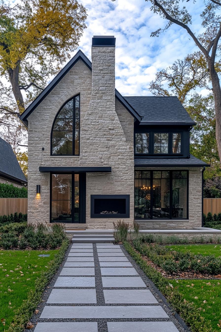 Stone house with arched window and sleek design