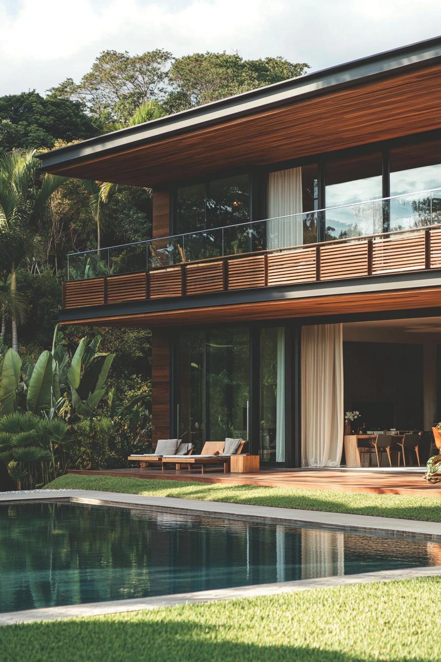 Minimalist house nestled in lush greenery with a sleek wooden facade and pool