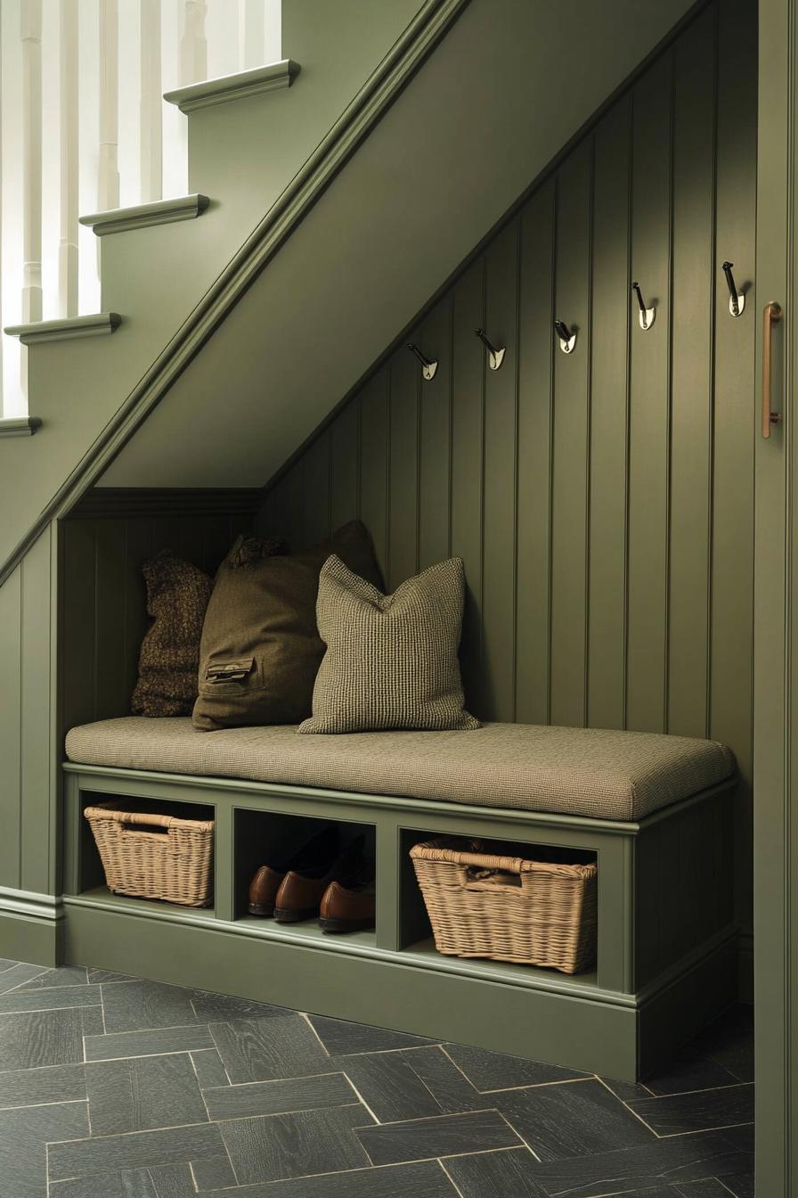 Understair mudroom with bench and baskets