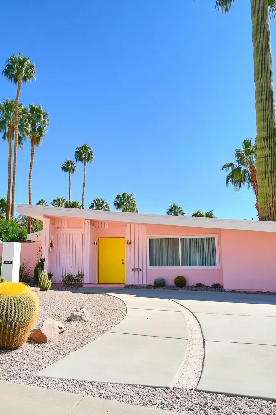 Vibrant mid-century house with pink walls and yellow door