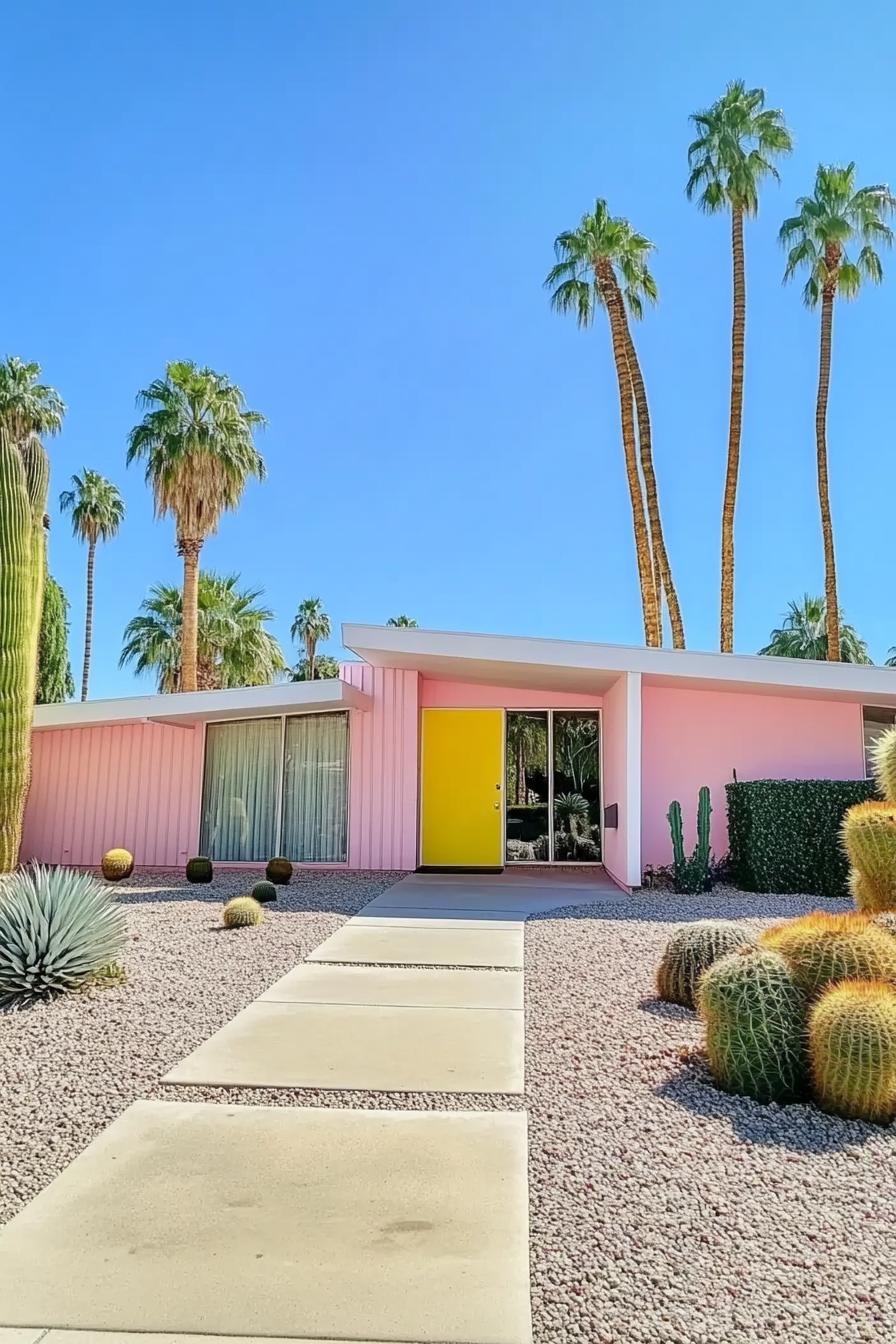 one story palm springs mid century modern house in pastel colored facade pale pink walls bright yellow doors large windows sloped white roof