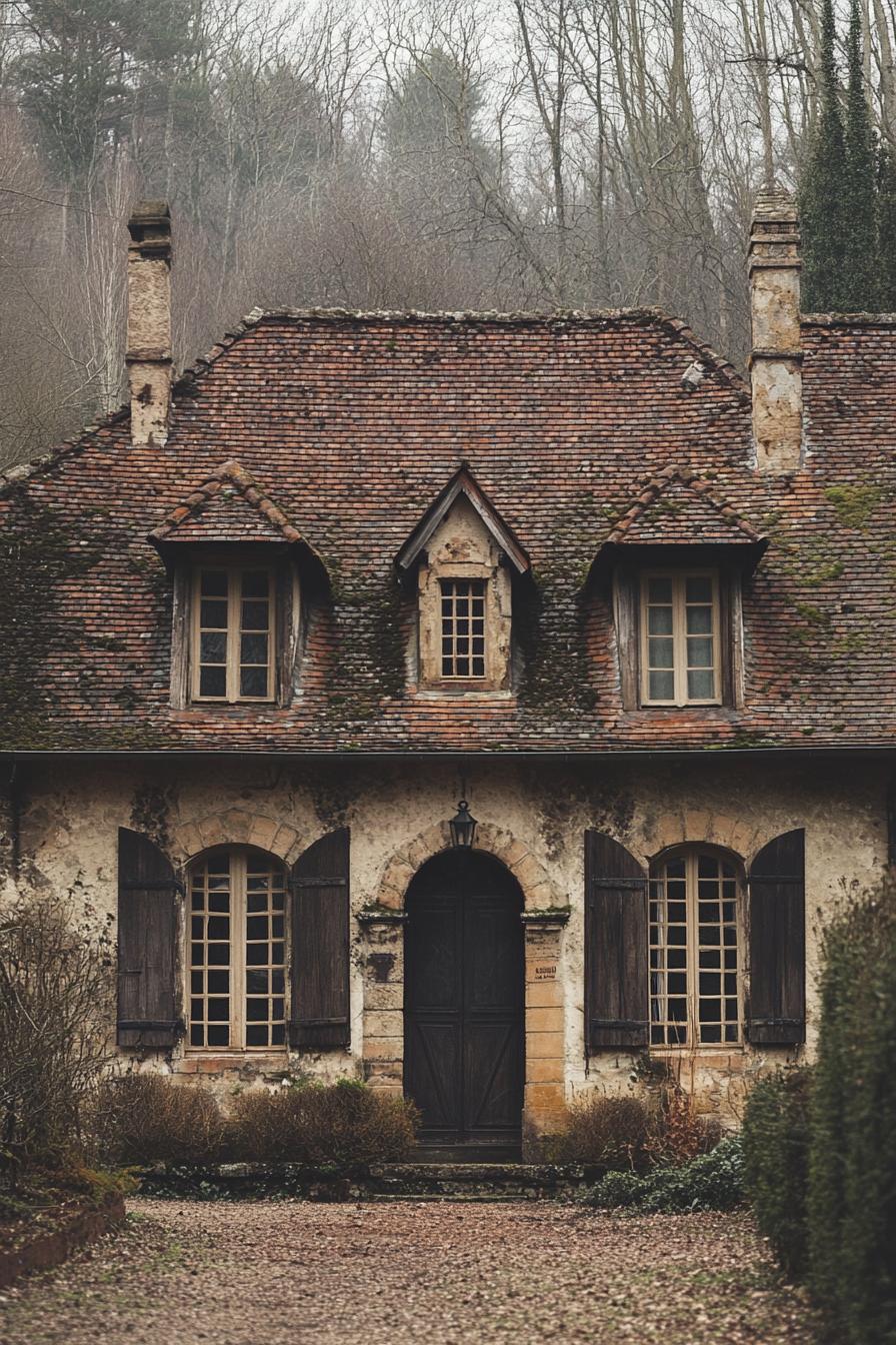 Rustic stone cottage with mossy roof and wooden shutters