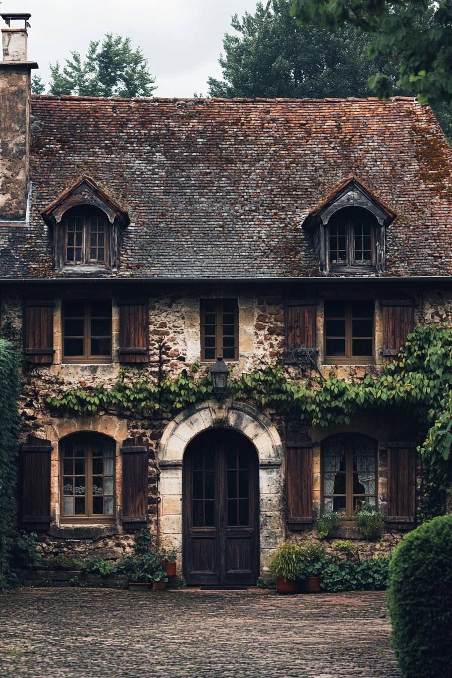 Charming ivy-covered stone house with rustic wooden shutters