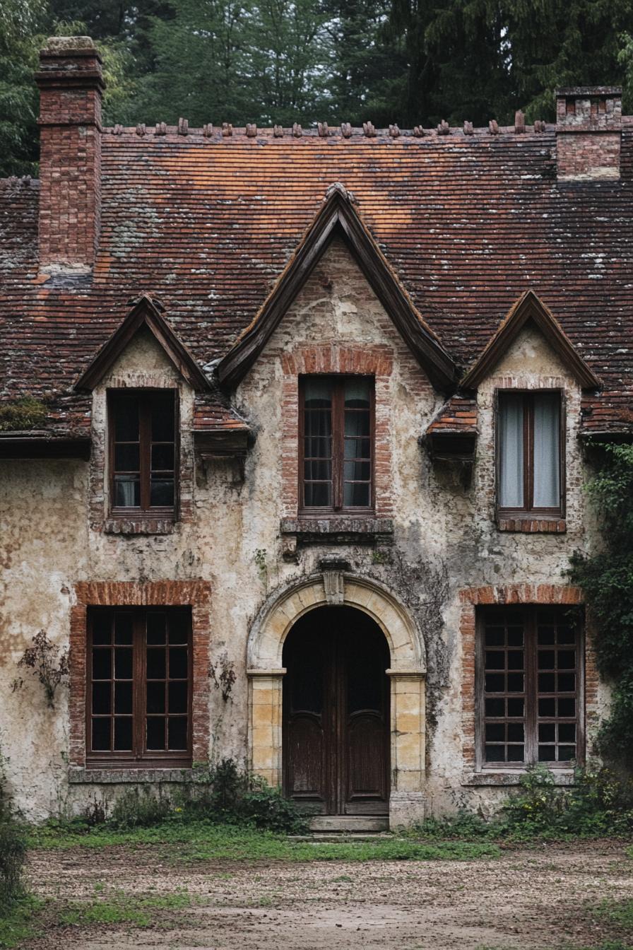 Rustic stone house with red brick gables