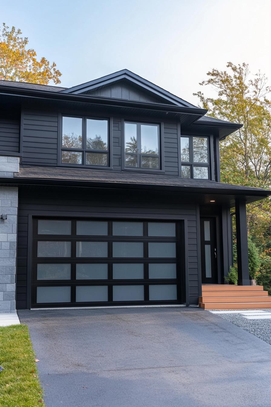 Modern black split level home with a large garage