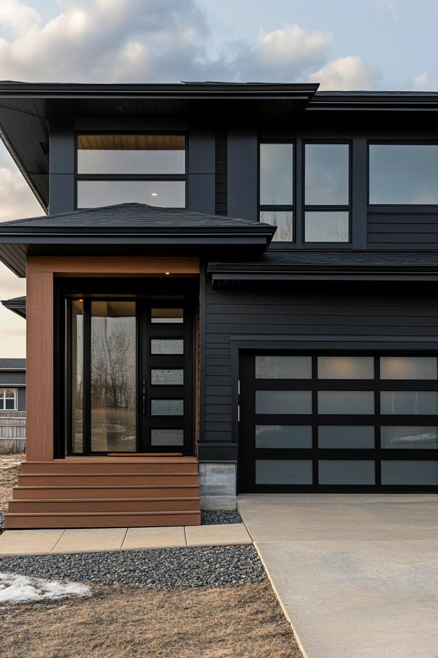 Modern split level house exterior with dark tones and large windows