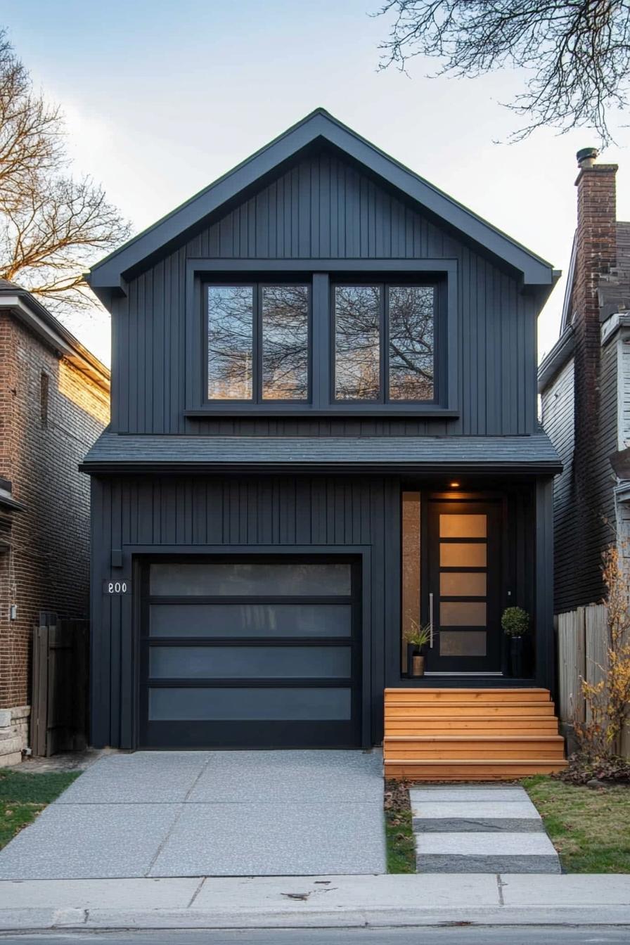 Contemporary split-level house with dark cladding and modern front steps