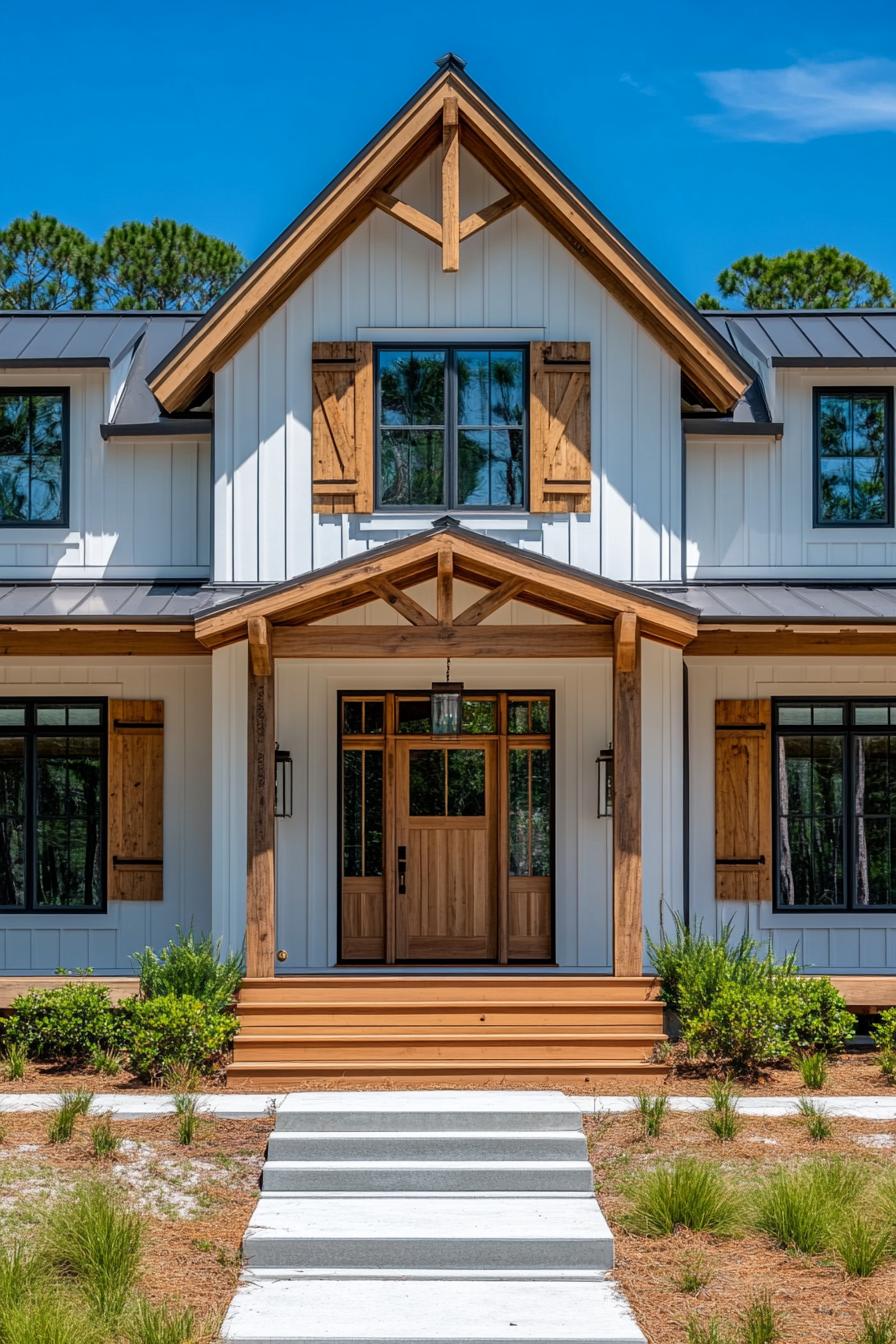 Modern farmhouse with a wooden porch and white siding